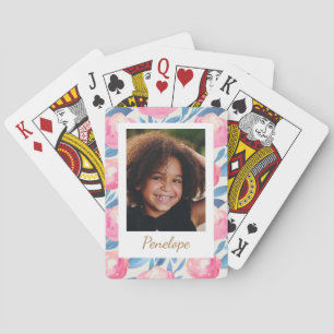 Custom Photo with Watercolor Floral Border Name Poker Cards