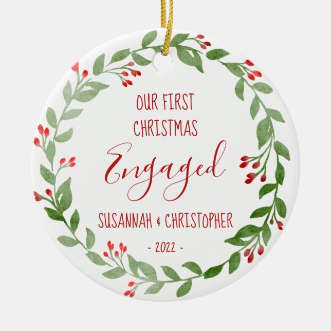 Custom Photo Wreath Red First Christmas Engaged Ceramic Ornament (Front)