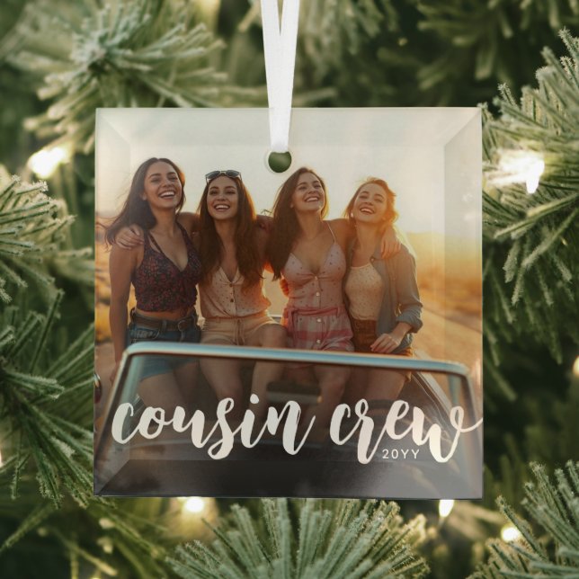 Custom Photo & Year Cousin Crew Cousins Photo Glass Ornament (Insitu)