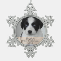Custom Photo Year Puppy's First Christmas Snowflake Pewter Christmas Ornament