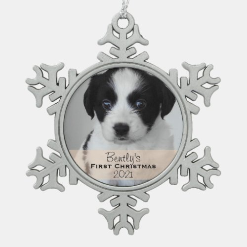 Custom Photo Year Puppys First Christmas Snowflake Pewter Christmas Ornament