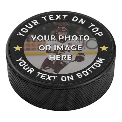 Custom Photo Your Text and Color Personalized Hockey Puck - Create a custom personalized photo hockey puck for a commemorative keepsake or cool hockey-themed gift for a hockey player, coach, fan or enthusiast. The design features editable text shown in white against your choice of background color (shown in black) you can change to a team color with gold star accents. ASSISTANCE:  For help with design modification or personalization, color change or transferring the design to another product, contact the designer BEFORE ORDERING via the Zazzle Chat MESSAGE tab below or email makeitaboutyoustore@gmail.com.