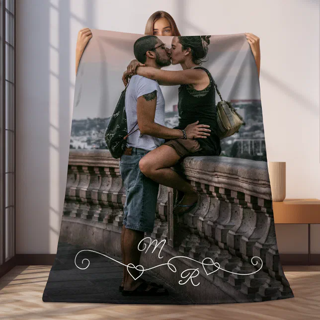 Custom Photograph And Intertwined Love Hearts Fleece Blanket
