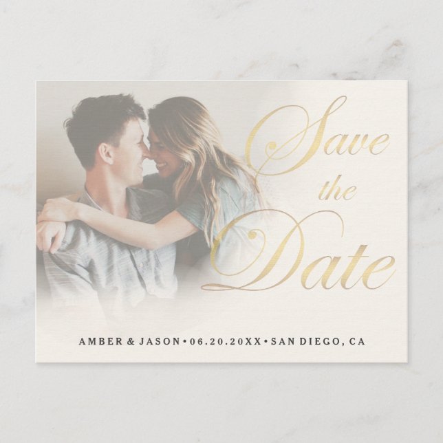 Custom Photograph elegant gold fade Save the Date Announcement Postcard (Front)