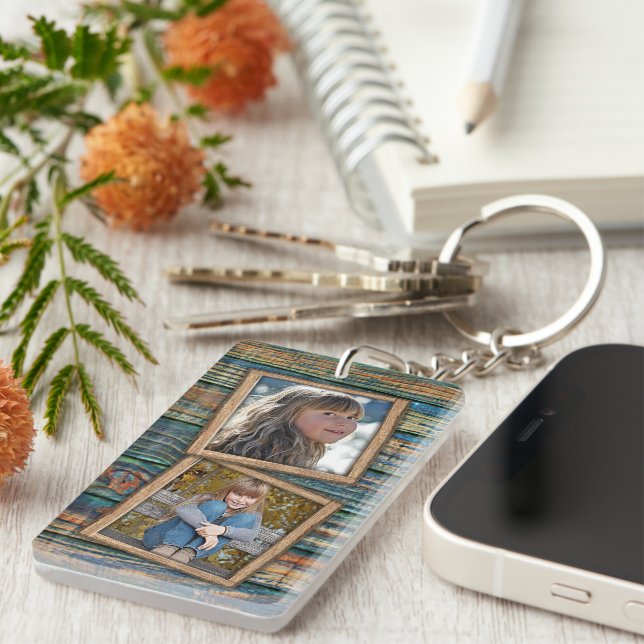 Custom Photographs On Rustic Wooden Planks Pattern Keychain (Front Right)