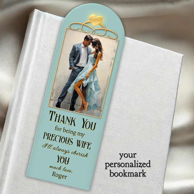 Custom Photos Anniversary Love Bookmarks (Wedding anniversary bookmark featuring your photos framed by a pastel teal design with glowing heart)