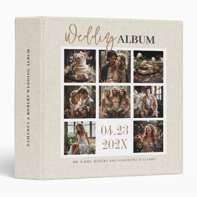Custom Photos, Beige Linen, Wedding Album 3 Ring Binder (Front/Spine)