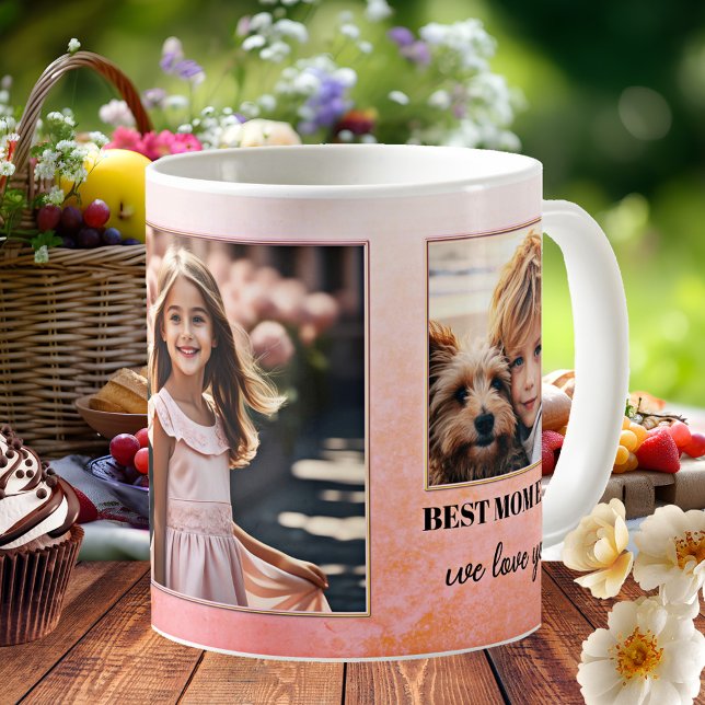 Custom Photos Best Mom Ever Pink Orange Coffee Mug (Mug featuring custom photos on a pink orange retro design. Nice as a gift for Mother's Day)