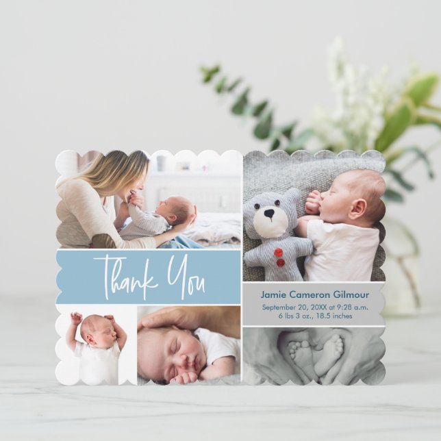 Custom Photos Blue Handlettering Baby Shower Thank You Card (Standing Front)