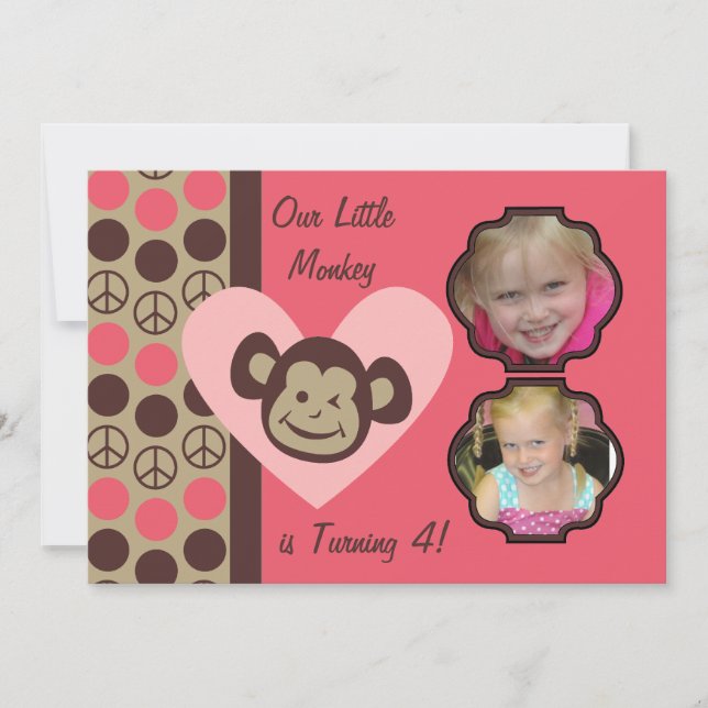Custom Photos Girls Peace Monkey Birthday Invites (Front)