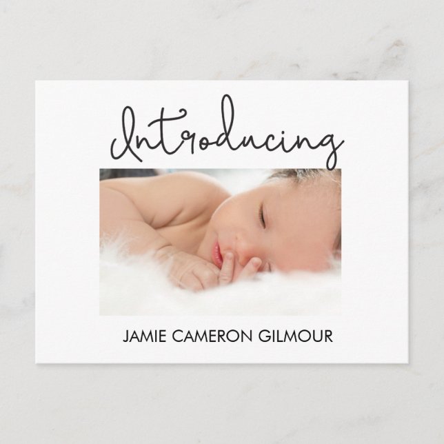 Custom Photos introducing Baby boy Blue Modern    Announcement Postcard (Front)