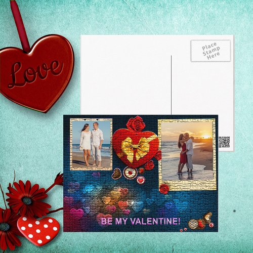 Custom Photos  Name Heart Be My Valentine Mosaic Holiday Postcard