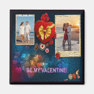 Custom Photos & Name Heart Be My Valentine Mosaic Magnet