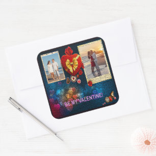 Custom Photos & Name Heart Be My Valentine Mosaic Square Sticker