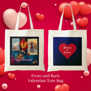 Custom Photos & Name Heart Be My Valentine Mosaic Tote Bag
