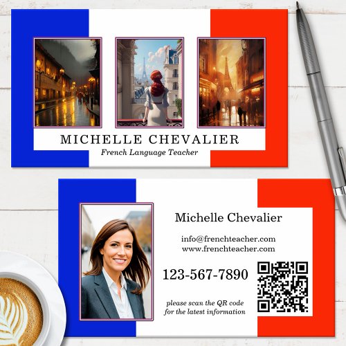 Custom Photos QR Code French Language Teacher Business Card