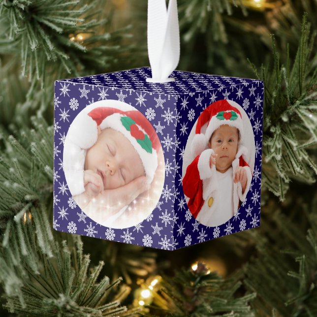 Custom Photos Santa Baby Snowflakes with Blue Cube Ornament (Tree)