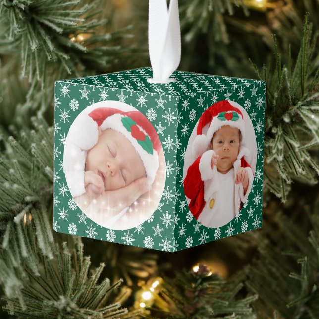 Custom Photos Santa Baby Snowflakes with Green Cube Ornament (Tree)