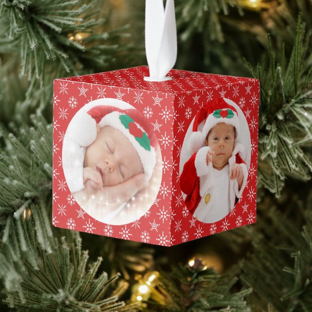 Custom Photos Santa Baby Snowflakes with Red Cube Ornament (Tree)