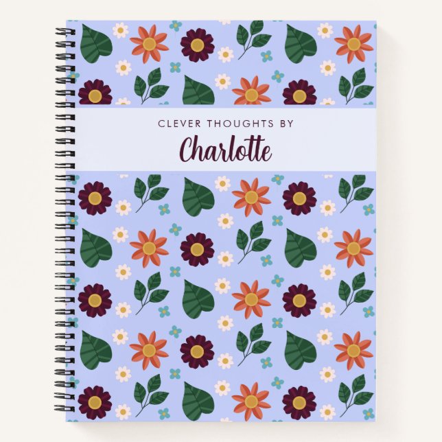 Custom Phrase Name Bright Blue Floral Girl's Notebook (Front)