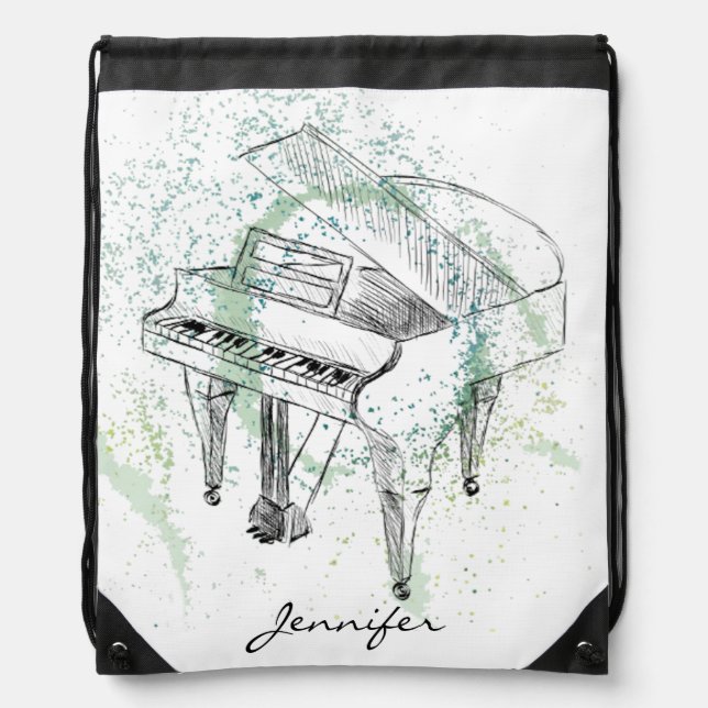 Custom Piano Illustration Art Drawing Music Lovers Drawstring Bag (Front)