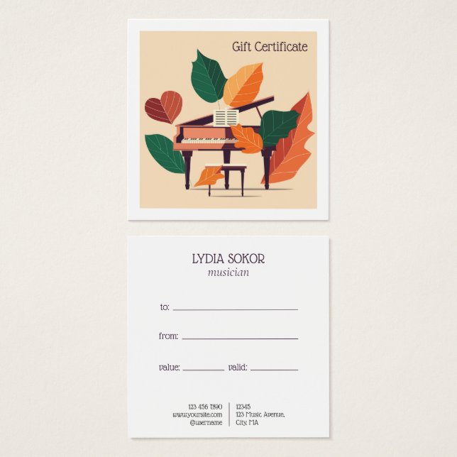 Custom Piano Music Lessons Gift Certificate (Front & Back)