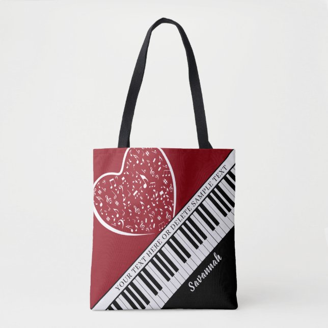 Custom Piano Music Love Heart Name Black Red Tote Bag (Front)