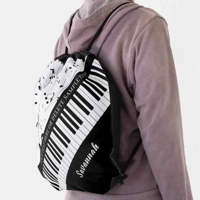 Custom Piano Music Notes Script Name Black White Drawstring Bag (Insitu)
