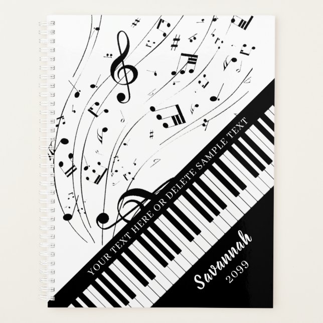 Custom Piano Music Notes Script Name Black White Planner (Front)