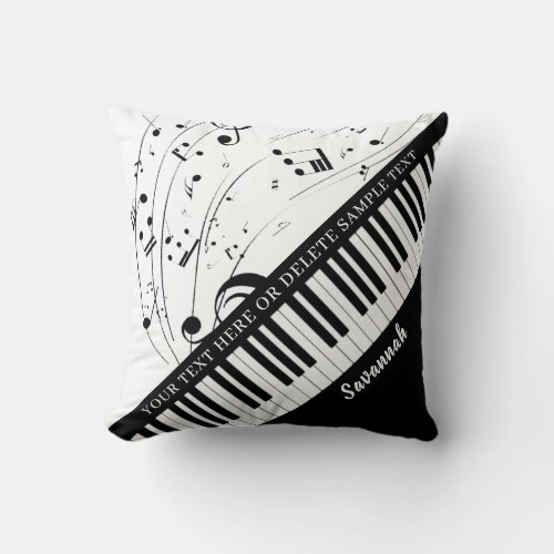 Custom Piano Music Notes Script Name Black White Throw Pillow