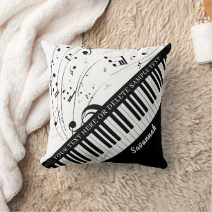 Custom Piano Music Notes Script Name Black White Throw Pillow