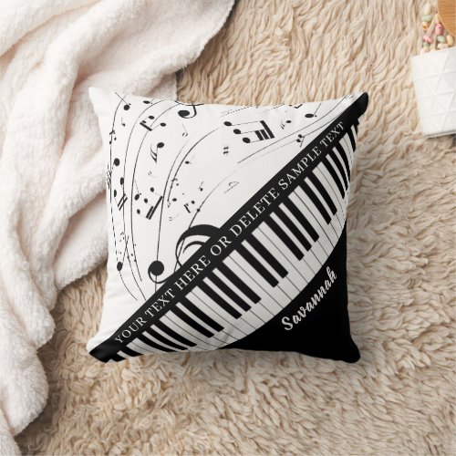 Custom Piano Music Notes Script Name Black White Throw Pillow