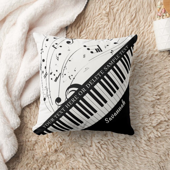 Custom Piano Music Notes Script Name Black White Throw Pillow (Blanket)
