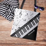 Custom Piano Music Notes Script Name Black White Tote Bag<br><div class="desc">Personalized modern, stylish music tote bag featuring a piano keyboard and music notes in your choice of color to replace the white background. Personalize with a name or monogram and/or other text in your choice of font style, color and size. The sample is shown black and white. The design is...</div>