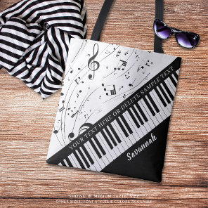 Custom Piano Music Notes Script Name Black White Tote Bag