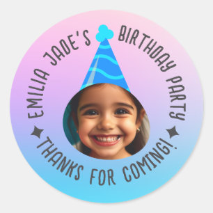 Custom Pic Name Birthday Thanks Party Hat Gradient Classic Round Sticker