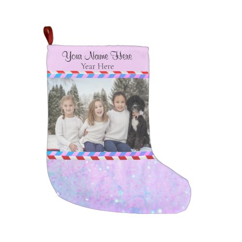 Custom PicText Pastel Purple Pink Glitter Stripes Large Christmas Stocking