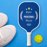 Custom Pickleball Club Add City Name State Pickleball Paddle<br><div class="desc">A fun Pickleball Paddle featuring a yellow pickleball and a retro crest emblem style logo.  Add your custom text to personalize - your name,  city,  state,  club name and other custom text.  Order many for your entire club or one for yourself. (Easily change the background color.)</div>