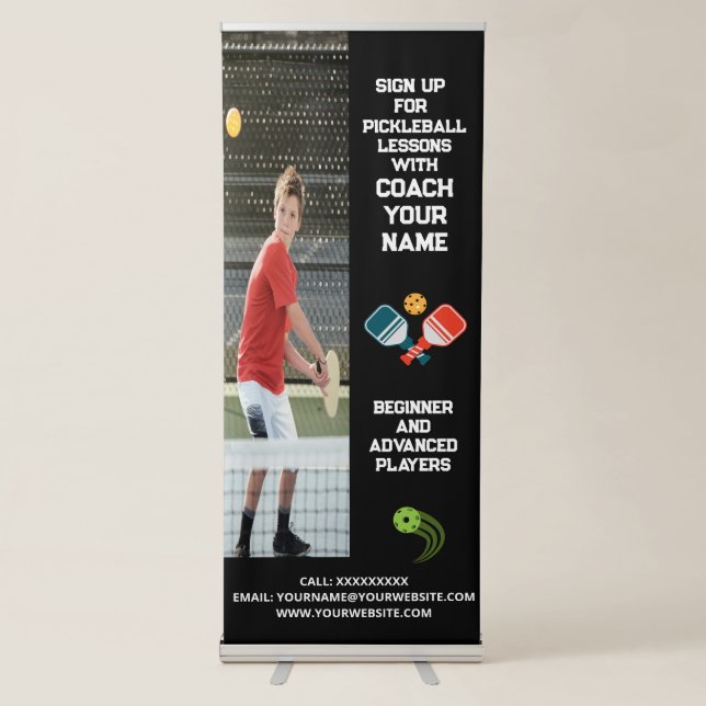 Custom Pickleball Coaching Class Lessons Black Retractable Banner (Front)