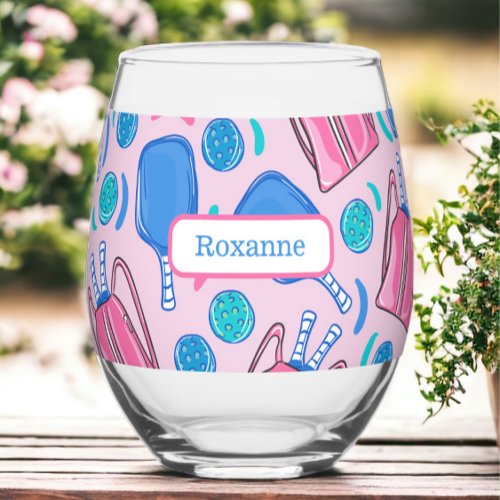 Custom Pickleball Paddles  Balls Pink Preppy  Stemless Wine Glass