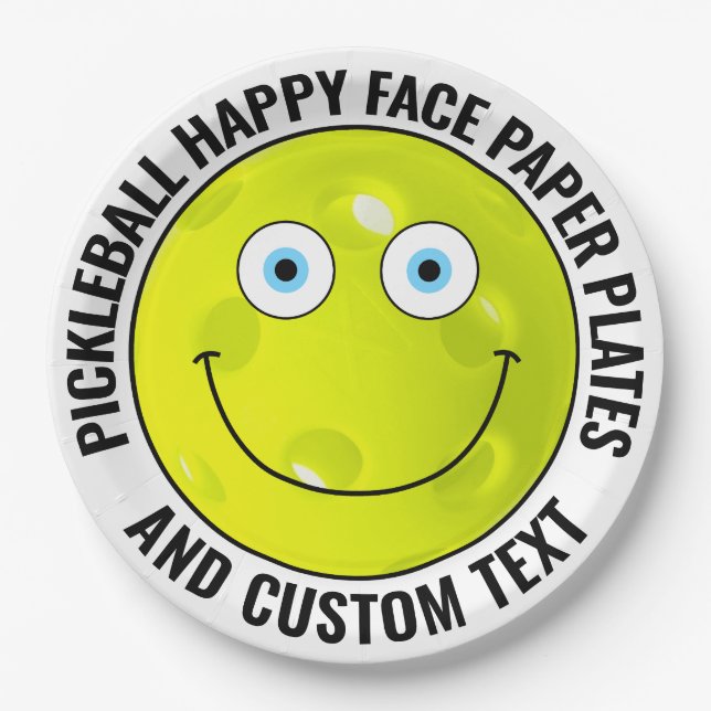 Custom Pickleball Party BLUE EYES Happy Face 9" Paper Plates (Front)