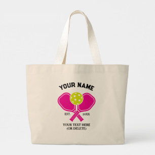 Custom Pickleball Team Name – Pink Paddle Design Large Tote Bag