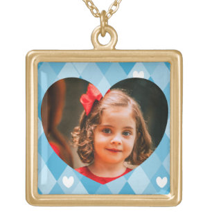 Custom Picture Blue Heart Pattern Family Photo Gold Plated Necklace