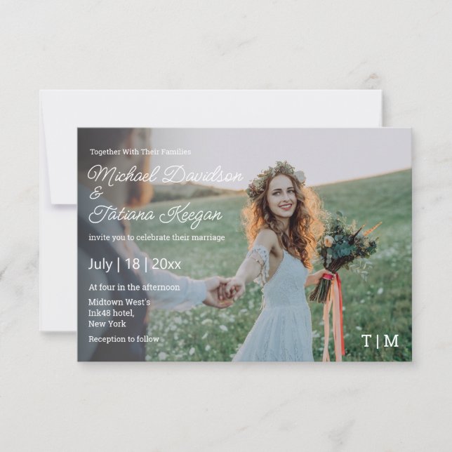 Custom Picture Faded Gradient Monogram Wedding Invitation (Front)