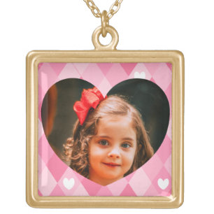 Custom Picture Pink Heart Pattern Family Photo Gold Plated Necklace