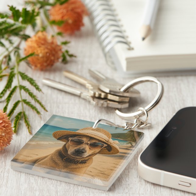 Custom Picture & Text Retro Beach Poster Keychain (Front Right)