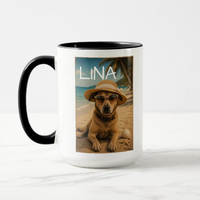 Custom Picture & Text Retro Beach Poster Mug (Left)