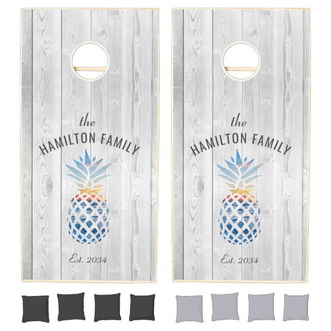 Custom Pineapple Coastal Sunset Beach White Wood Cornhole Set (Set)