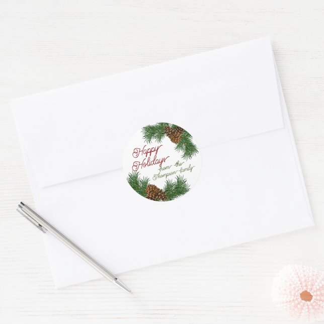 Custom Pinecones Pine Needles Branches Wreath Classic Round Sticker (Envelope)