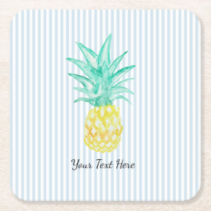 Custom Pinepple Painting Blue Stripe Square Paper Coaster